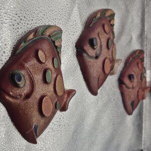 RARE Fish Family Chalkware Set 3 MCM Decor Dark Red Maroon Gold Shimmer Vintage